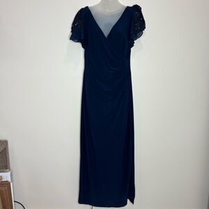 Betsy & Adam Navy Blue Formal Gown Dress sequins Embellished Sleeves size 8P